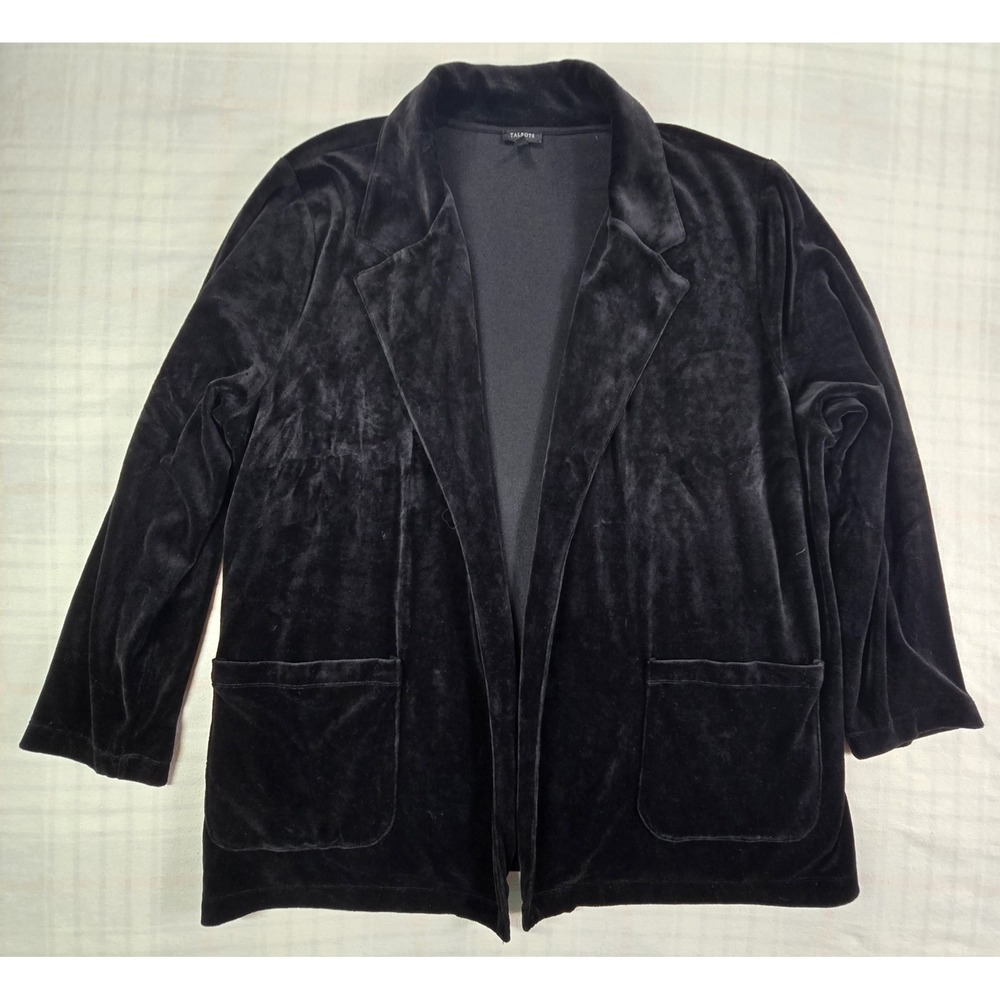 Talbots Black Velvet Open Front Long Sleeve Cardigan Jacket Pockets Womens 3X